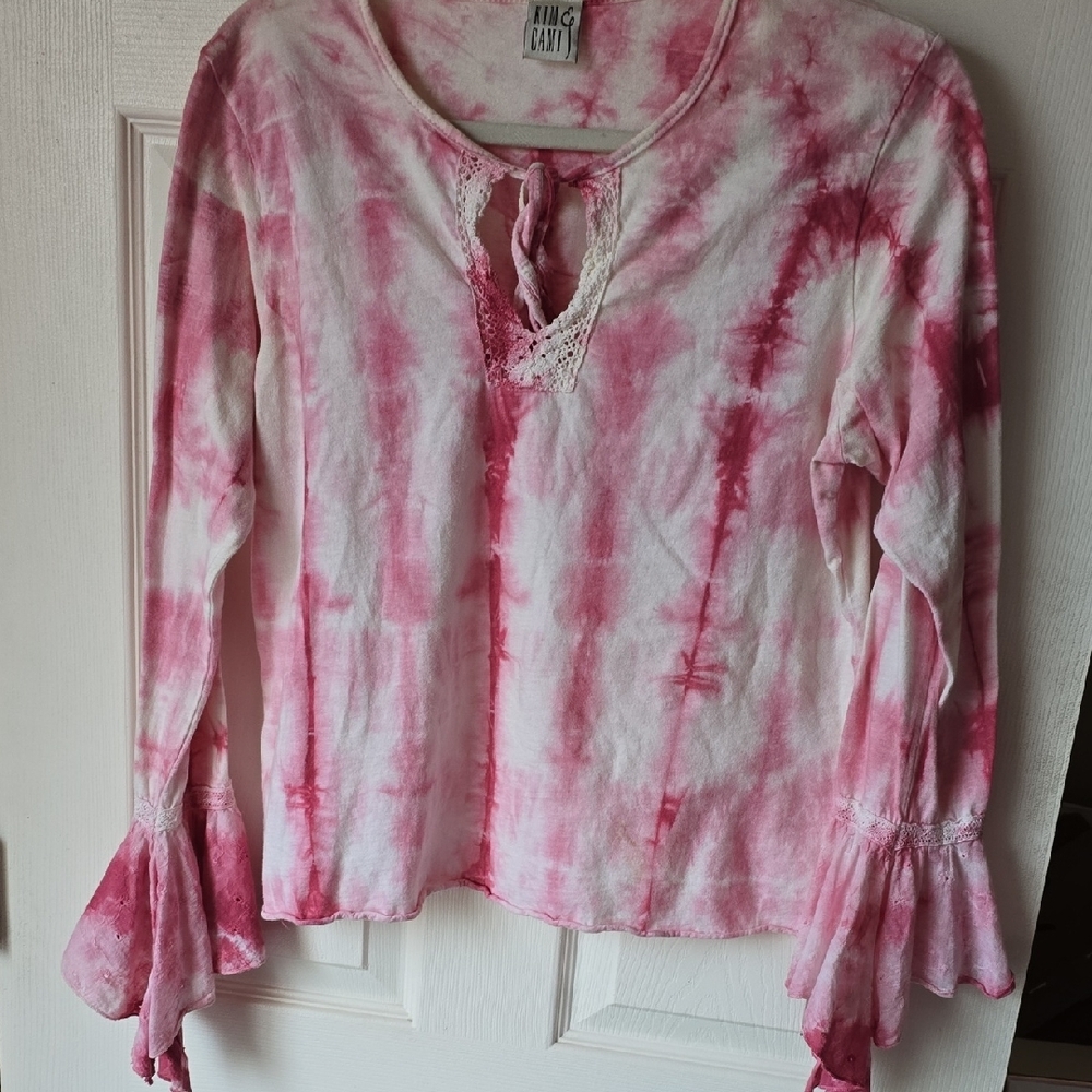 Kim & Cami Pink and White Tie Front Bell Sleeve Blouse